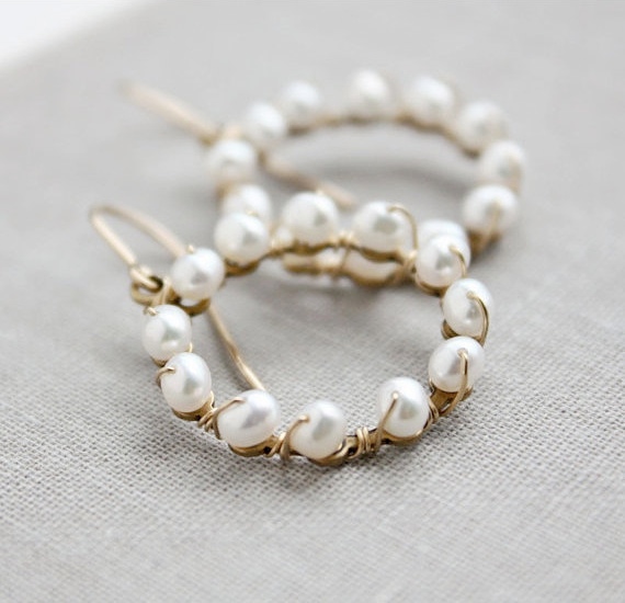 pearl earrings, white bridal jewelry wedding, round gold beaded, circle hoop beach